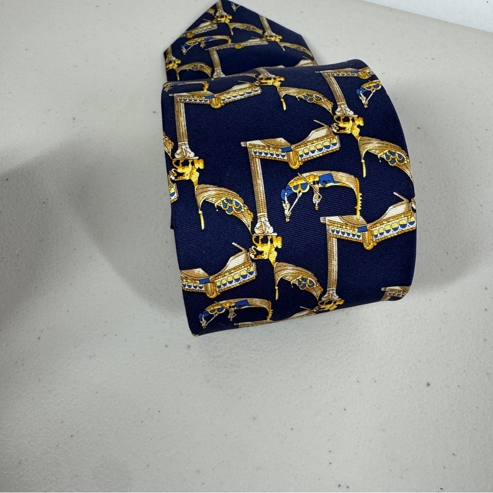 Trevisan Venezia Silk Elegant Navy and Gold Mens Tie Gondola Print Made in Italy - Picture 4 of 16